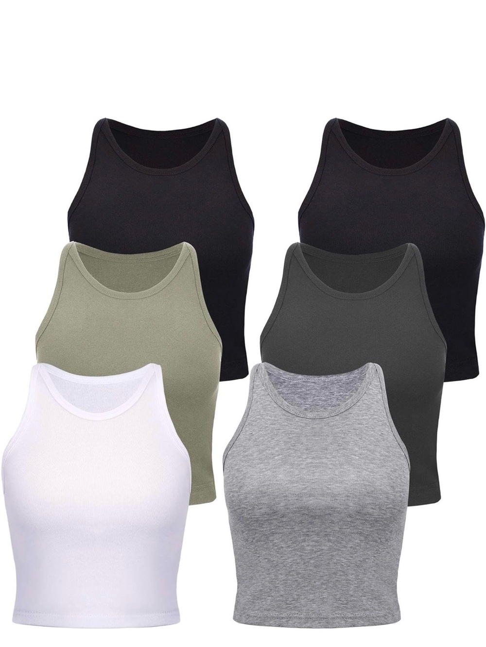 Women's Ribbed Tank Crop Top - 6 Pack (Black, Olive, Charcoal, White, Gray)